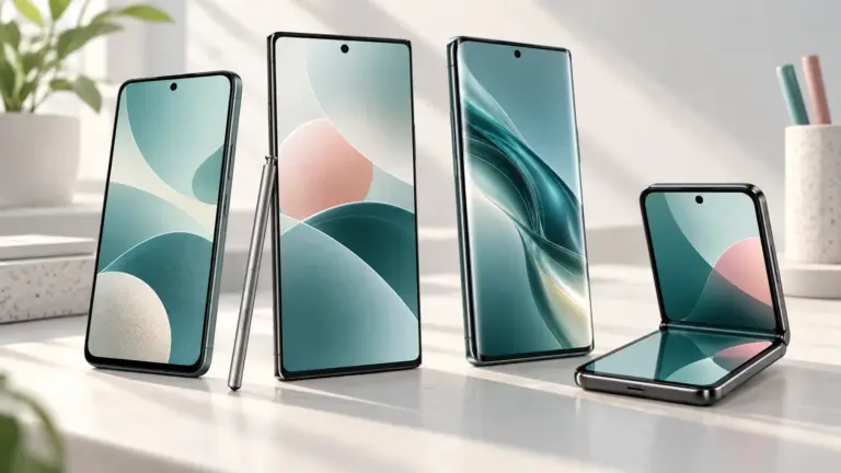 Concept illustration of unbranded smartphones including a folding phone and a stylus.