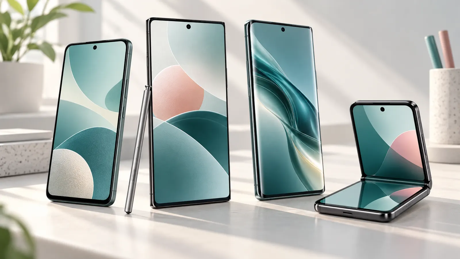 Concept illustration of unbranded smartphones including a folding phone and a stylus.