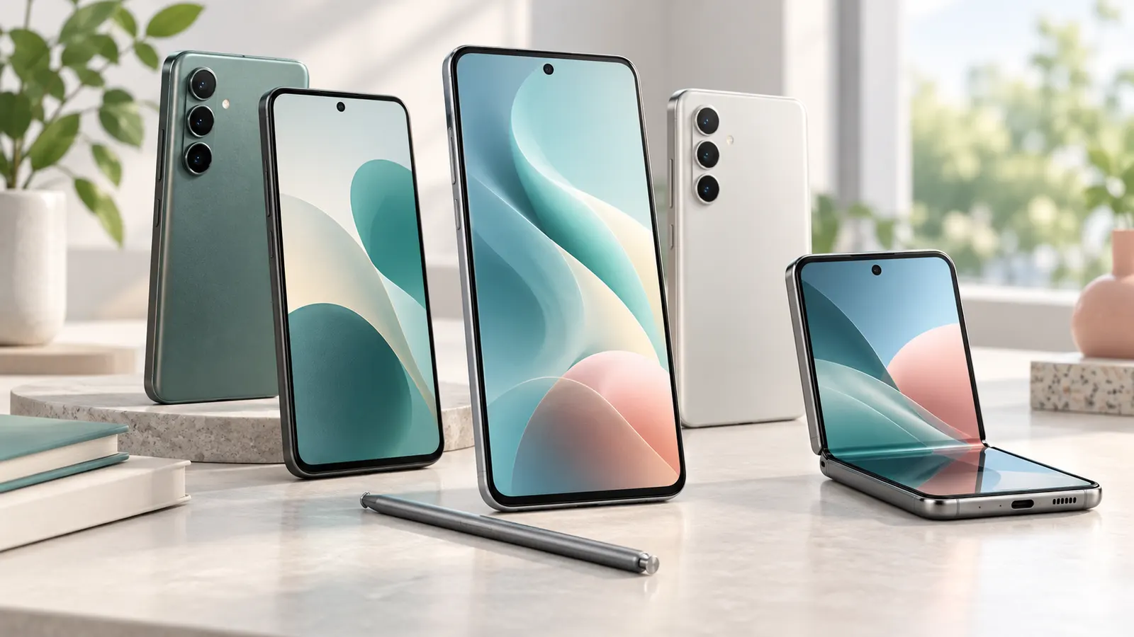 Concept illustration of unbranded modern Android-style smartphones on a clean desk.