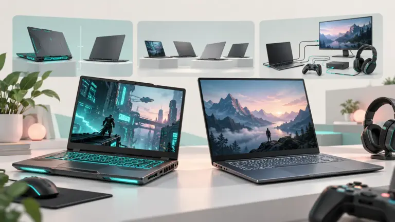 Concept illustration of two generic gaming laptops with accessory and connectivity details.