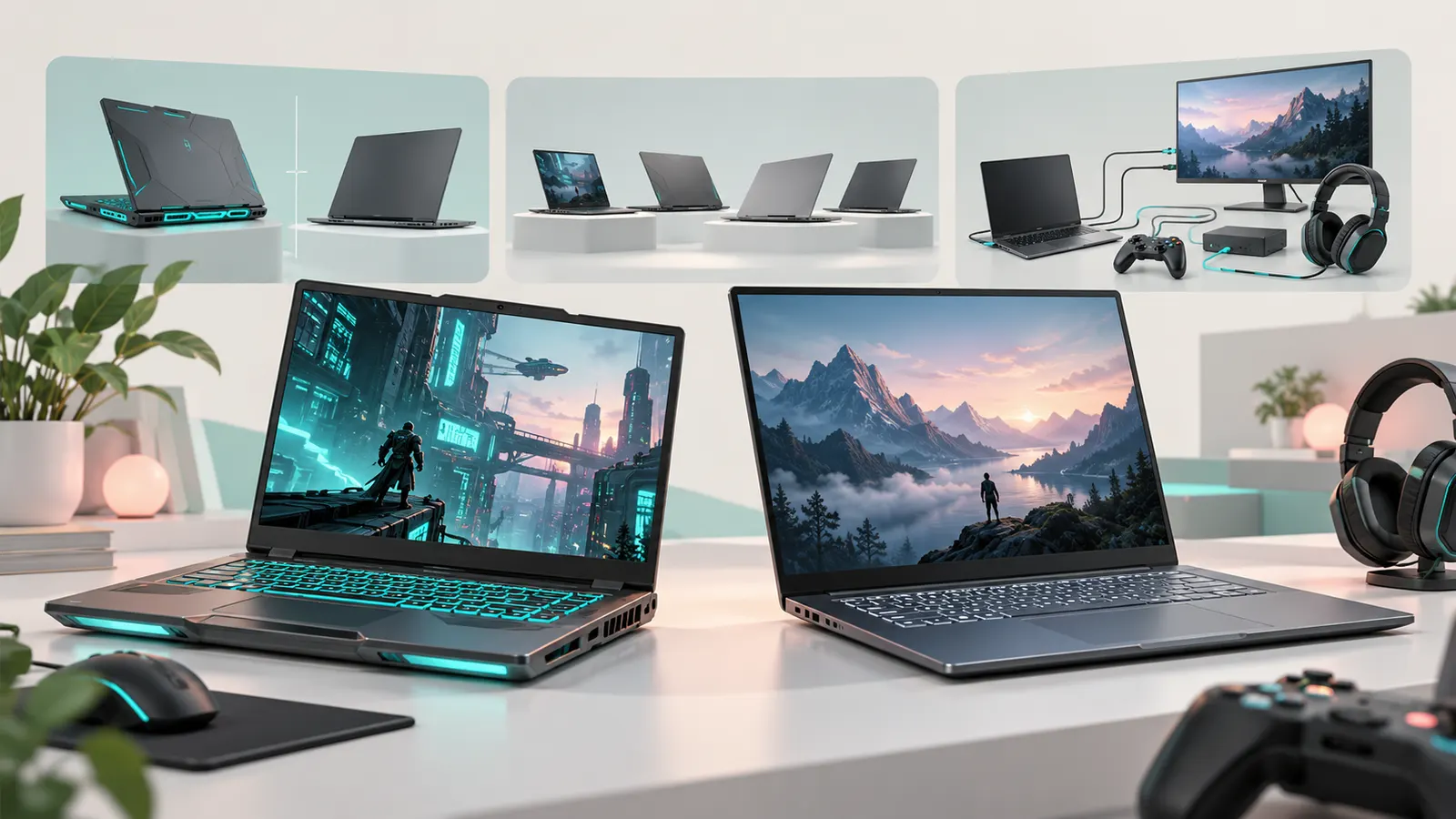 Concept illustration of two generic gaming laptops with accessory and connectivity details.