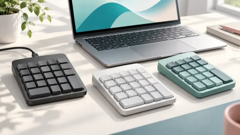 Concept illustration of three external numeric keypads beside a laptop.