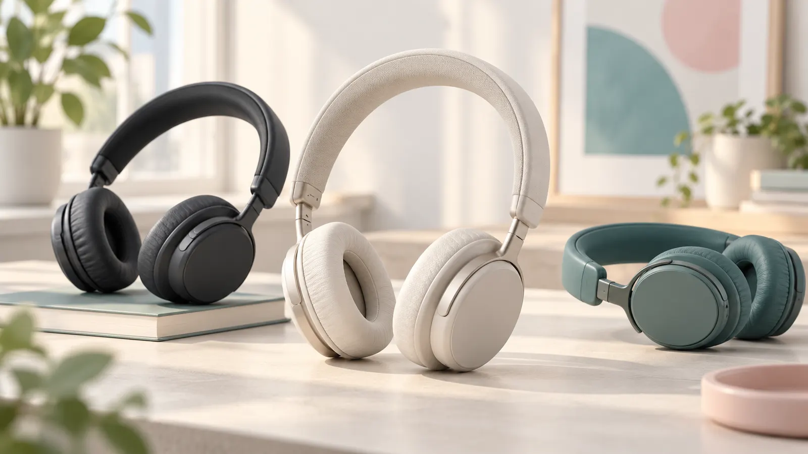 Concept illustration of three pairs of compact padded headphones on a desk.