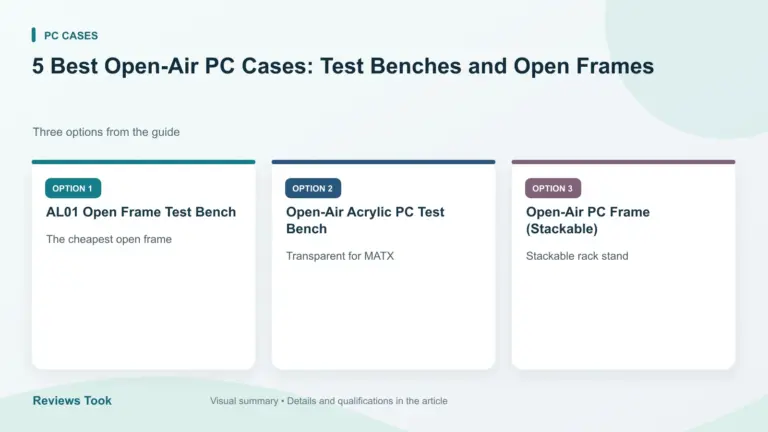 Comparison of three options: AL01 Open Frame Test Bench; Open-Air Acrylic PC Test Bench; Open-Air PC Frame (Stackable).