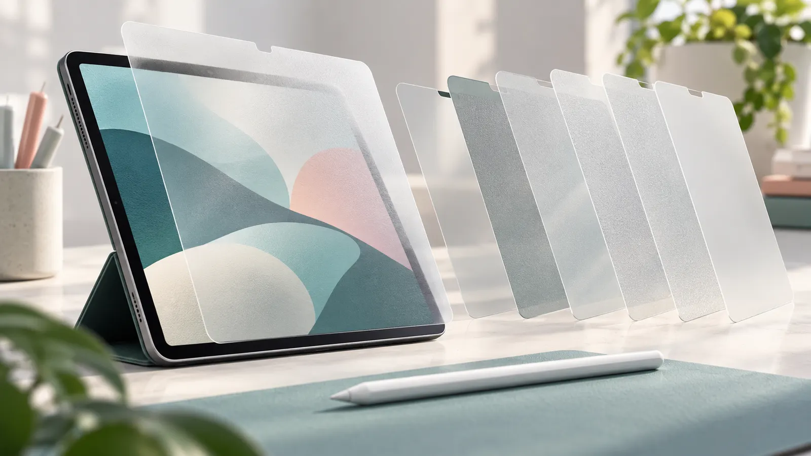Concept illustration of textured tablet screen protector sheets beside a tablet and stylus.