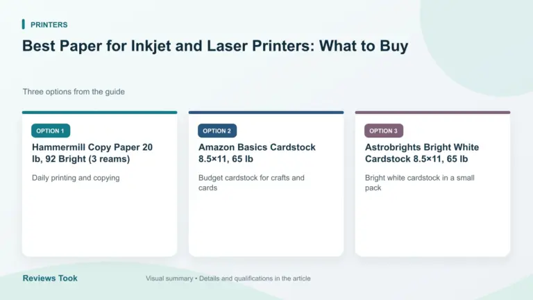 Comparison of three options: Hammermill Copy Paper 20 lb, 92 Bright (3 reams); Amazon Basics Cardstock 8.5×11, 65 lb; Astrobrights Bright White Cardstock 8.5×11, 65 lb.