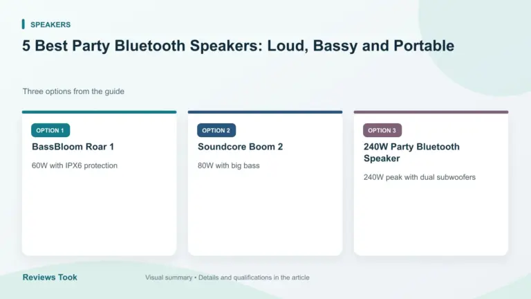 Comparison of three options: BassBloom Roar 1; Soundcore Boom 2; 240W Party Bluetooth Speaker.