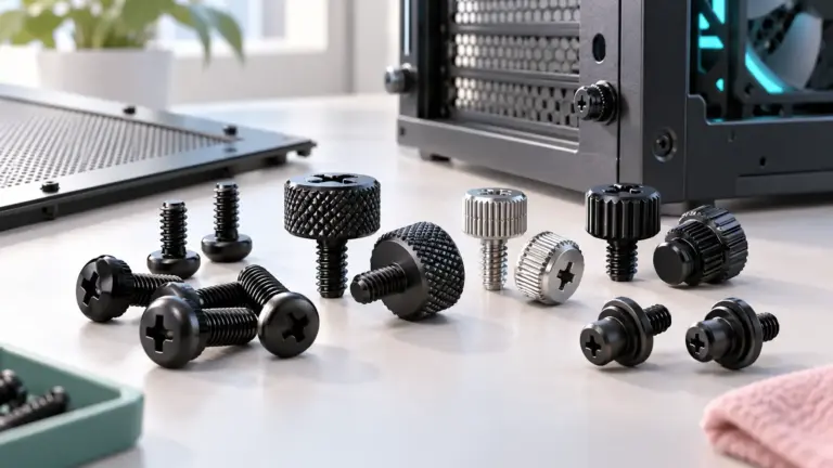 Concept illustration of PC case thumbscrews beside an open desktop computer case.
