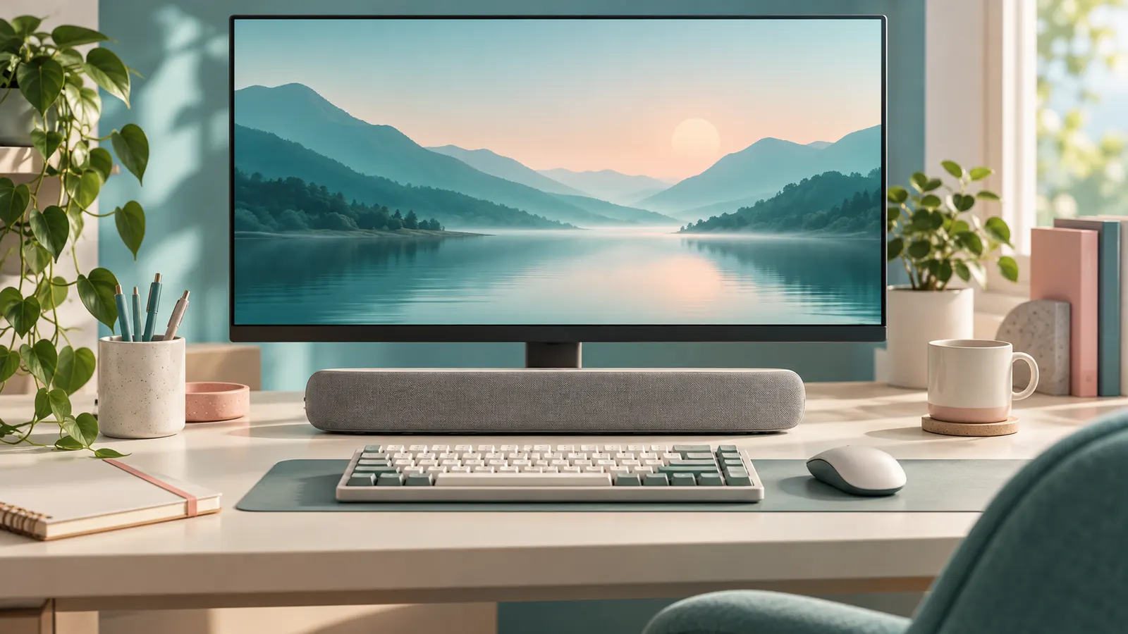 Concept illustration of a compact PC soundbar beneath a desktop monitor with a keyboard and mouse.