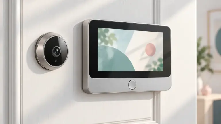 Concept illustration of a door peephole camera and an indoor digital viewer.