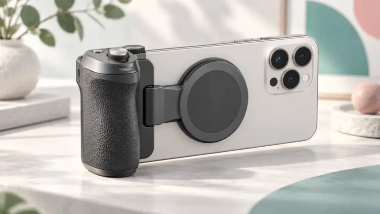 Concept illustration of a smartphone camera grip holding an unbranded phone.