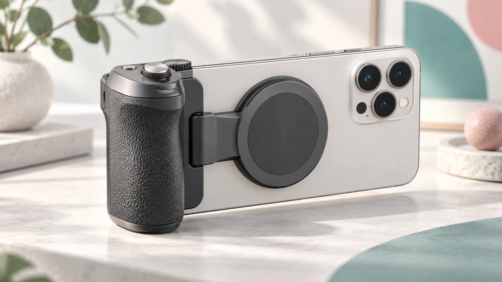 Concept illustration of a smartphone camera grip holding an unbranded phone.