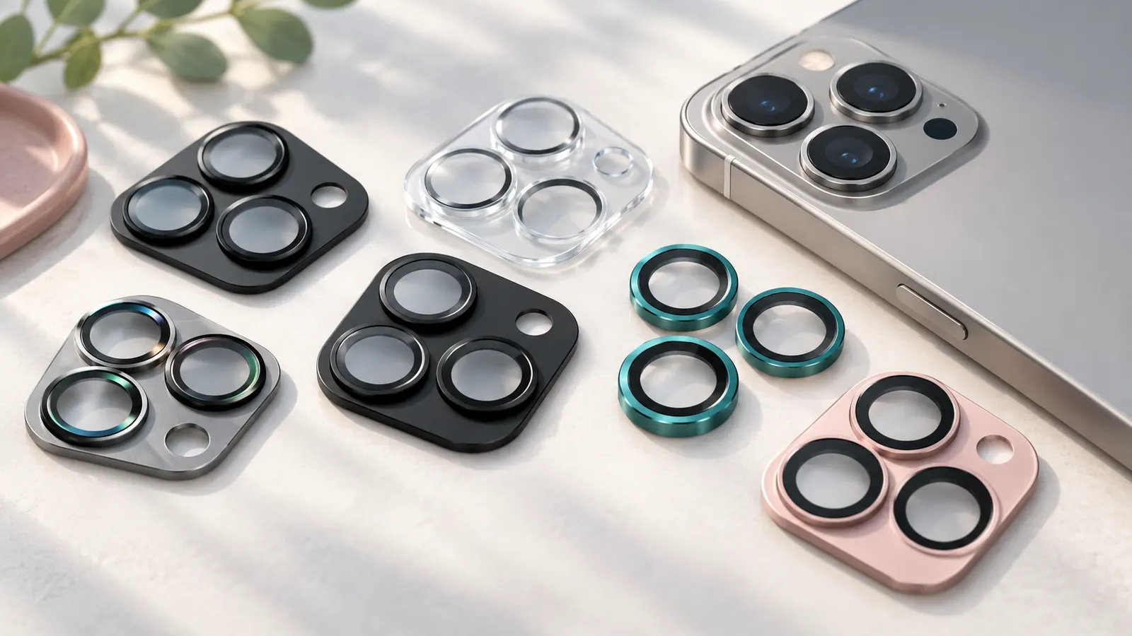 Concept illustration of smartphone camera lens protector rings and plates beside a phone.