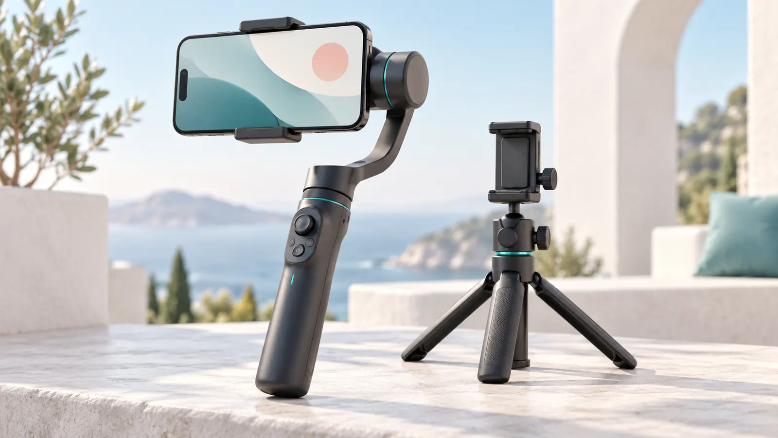 Concept illustration of a handheld smartphone gimbal beside a compact vlogging tripod.