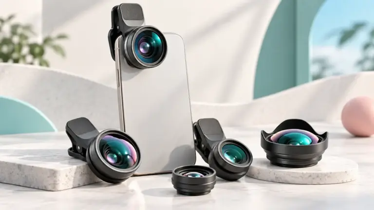 Concept illustration of clip-on smartphone camera lenses arranged beside a phone.