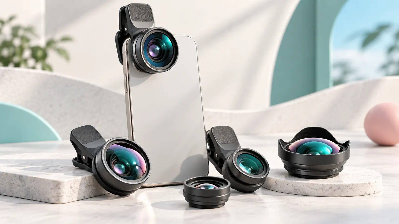 Concept illustration of clip-on smartphone camera lenses arranged beside a phone.