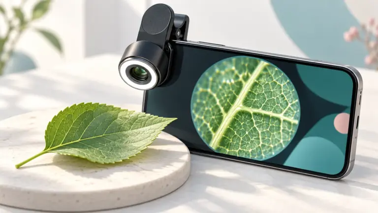 Concept illustration of a clip-on smartphone microscope lens beside a phone and a leaf sample.