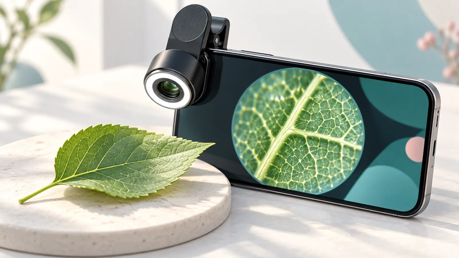 Concept illustration of a clip-on smartphone microscope lens beside a phone and a leaf sample.
