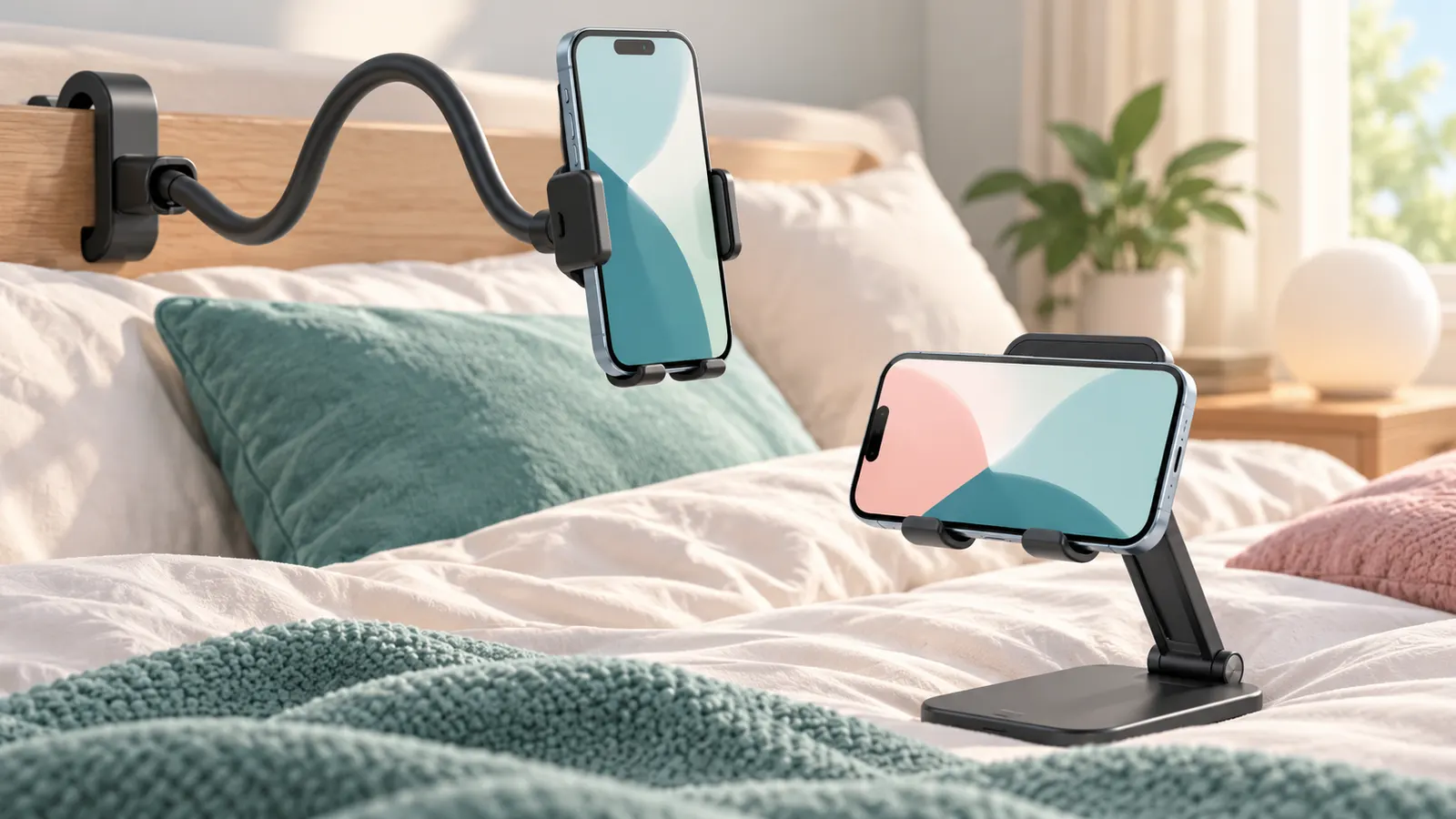 Concept illustration of flexible and adjustable smartphone holders beside a bed.
