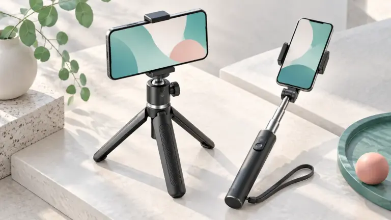 Concept illustration of a phone tripod and a compact selfie stick with an unbranded smartphone.