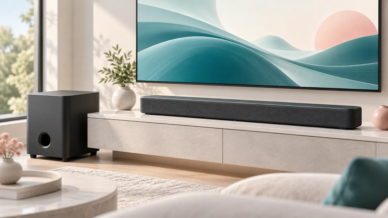 Concept illustration of an unbranded soundbar and subwoofer beneath a living-room television.