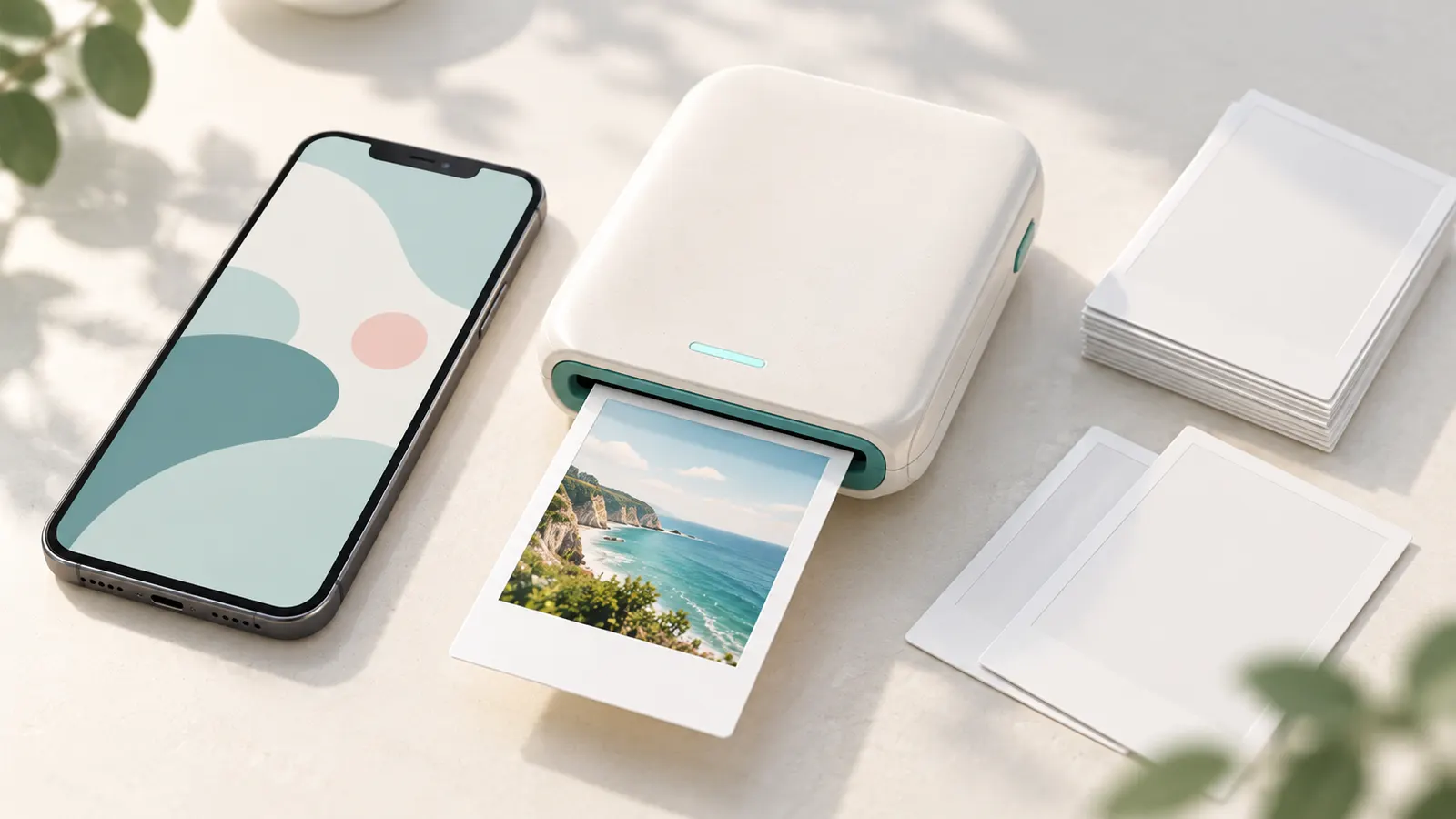 Concept illustration of a small portable photo printer beside a smartphone and blank photo sheets.