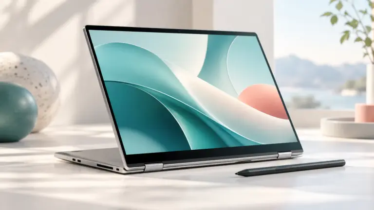Concept illustration of an unbranded convertible touch-screen laptop shown partly folded with a stylus.