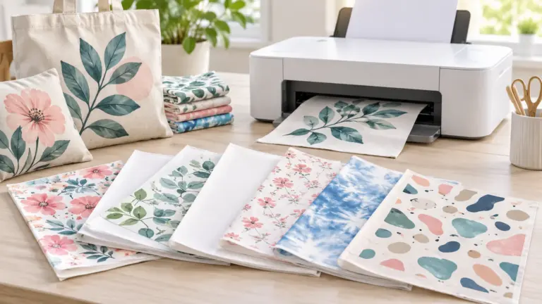 Concept illustration of printable fabric sheets and patterned fabric beside a desktop printer.