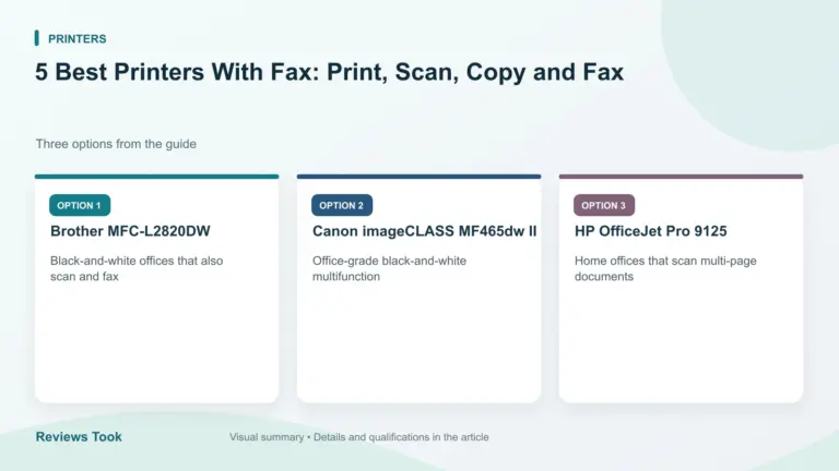 Comparison of three options: Brother MFC-L2820DW; Canon imageCLASS MF465dw II; HP OfficeJet Pro 9125.
