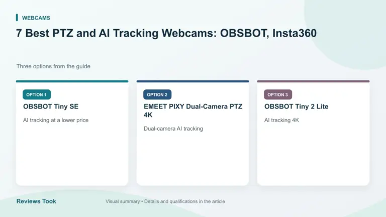 Comparison of three options: OBSBOT Tiny SE; EMEET PIXY Dual-Camera PTZ 4K; OBSBOT Tiny 2 Lite.