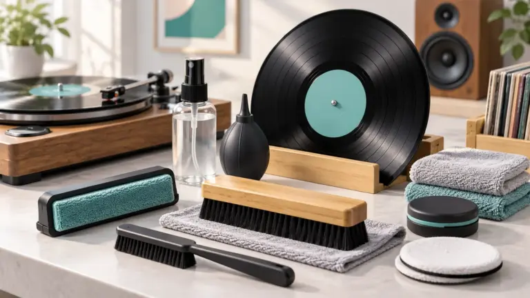 Concept illustration of a vinyl record cleaning kit with brushes, cloths, fluid and a turntable.