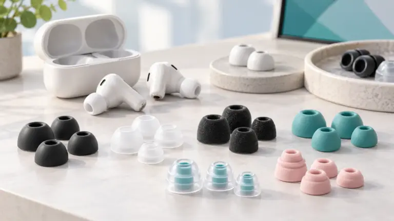 Concept illustration of silicone and foam replacement earbud tips beside wireless earbuds.