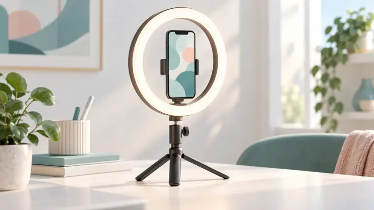 Concept illustration of a ring light on a small stand with a mounted smartphone.