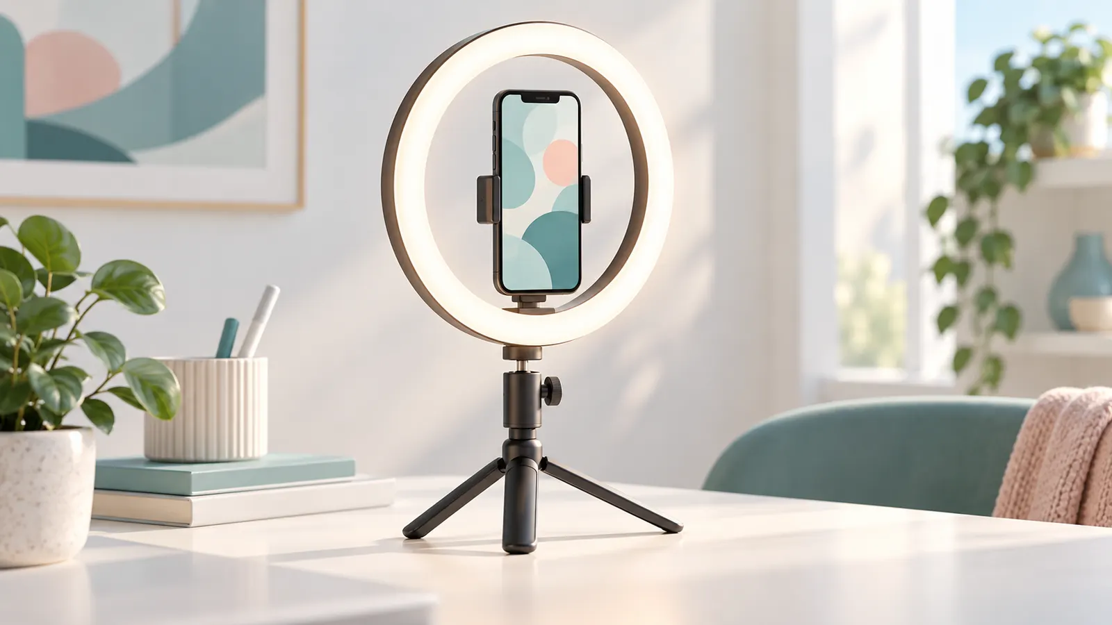 Concept illustration of a ring light on a small stand with a mounted smartphone.