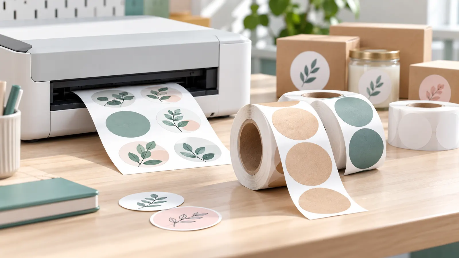 Concept illustration of round label stickers on sheets and rolls beside a printer and plain packages.