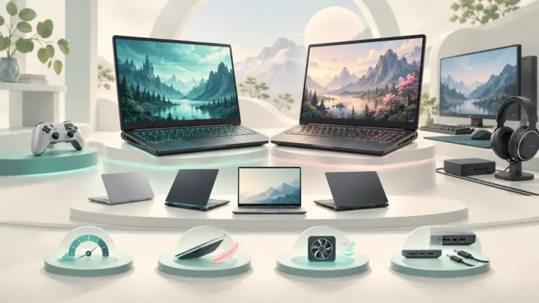 Concept illustration of three gaming laptops with graphics, cooling and accessory symbols.