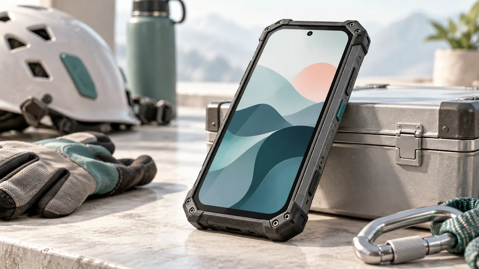Concept illustration of a rugged unbranded smartphone with reinforced corners on a workbench.