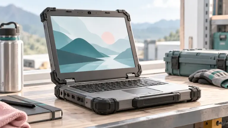 Concept illustration of a rugged unbranded laptop with reinforced corners on a workbench.