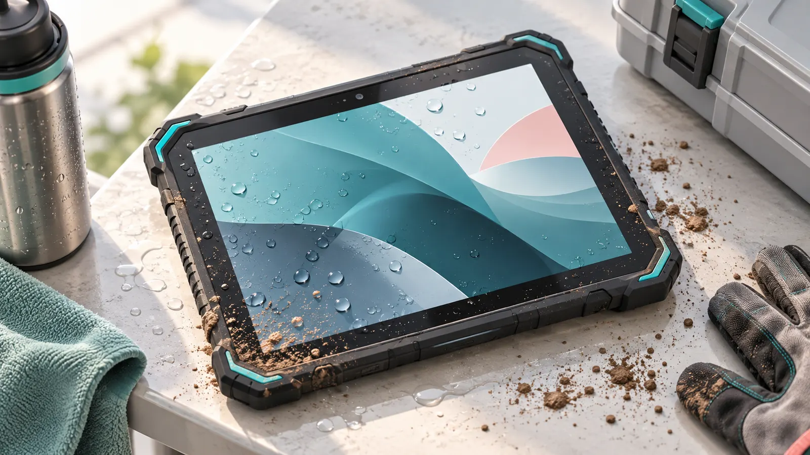Concept illustration of a rugged unbranded tablet with reinforced corners on a workbench.