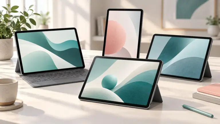 Concept illustration of unbranded tablets in a tidy everyday workspace.