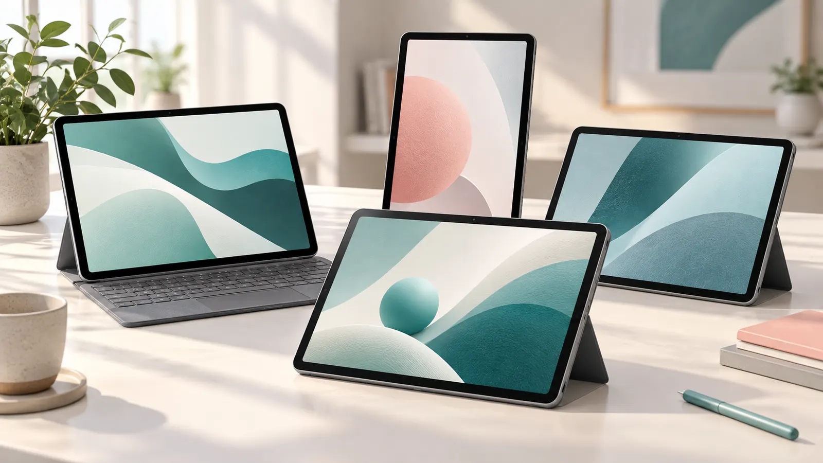Concept illustration of unbranded tablets in a tidy everyday workspace.