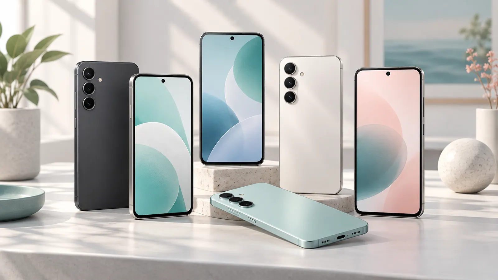Concept illustration of unbranded modern Android-style smartphones on a clean desk.
