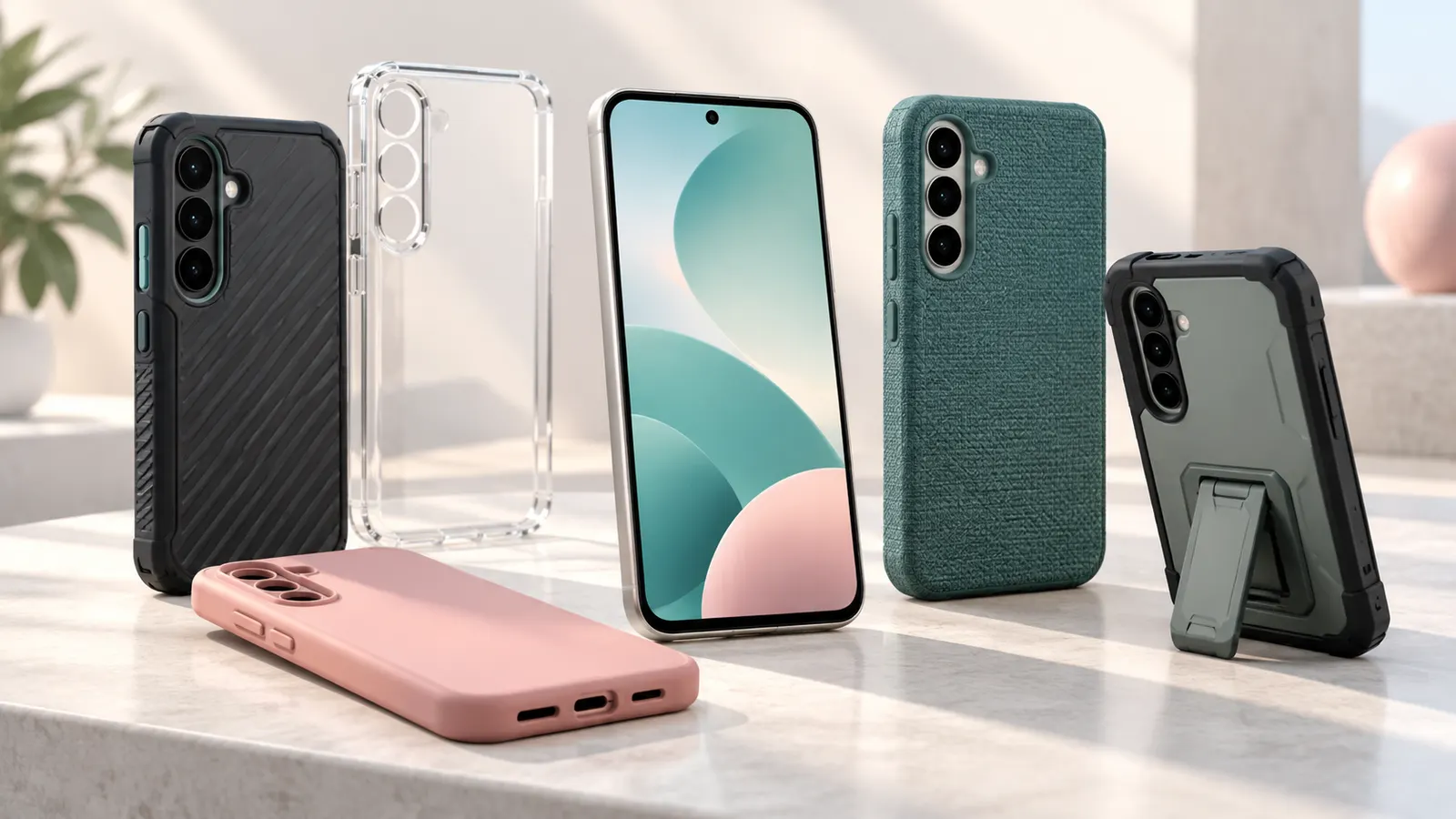 Concept illustration of protective smartphone cases beside an unbranded smartphone.