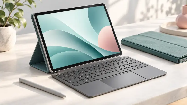 Concept illustration of an unbranded tablet with a detachable keyboard and protective folio case.