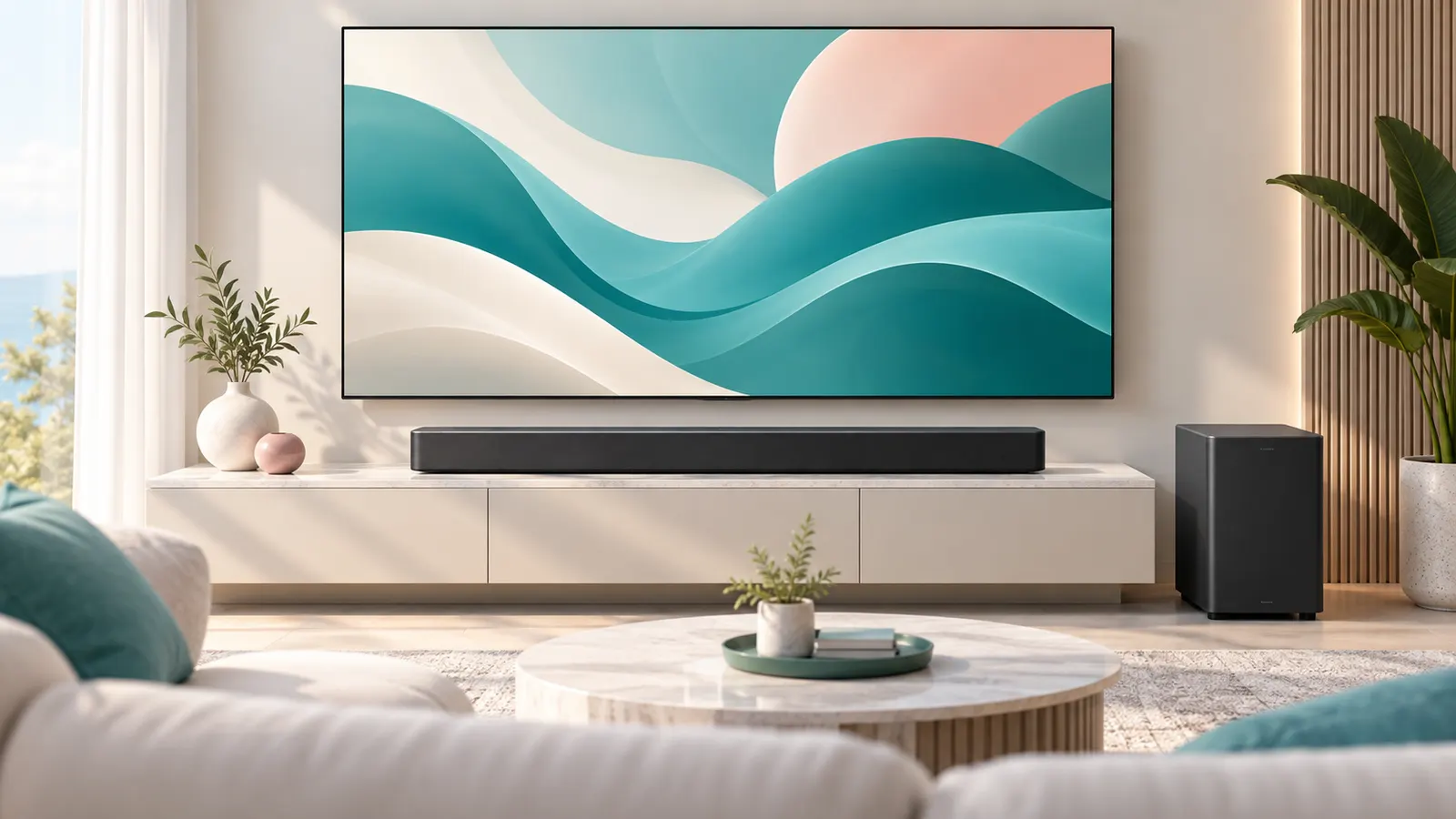 Concept illustration of an unbranded television soundbar with a separate subwoofer.