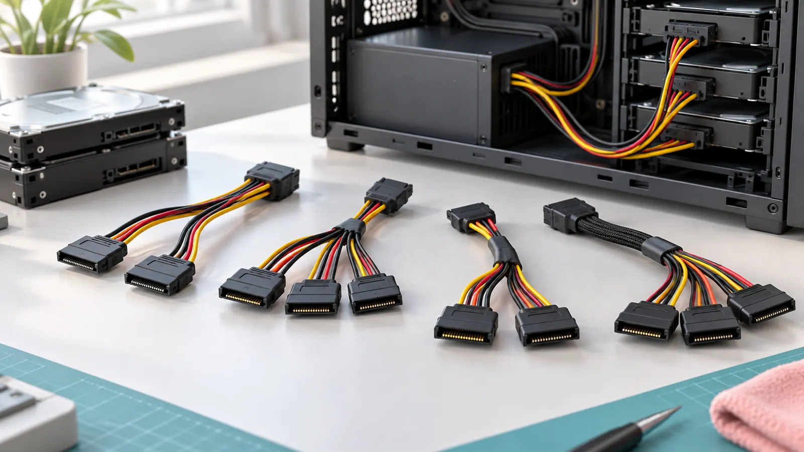 Concept illustration of SATA power splitter cables beside drives inside a desktop PC case.