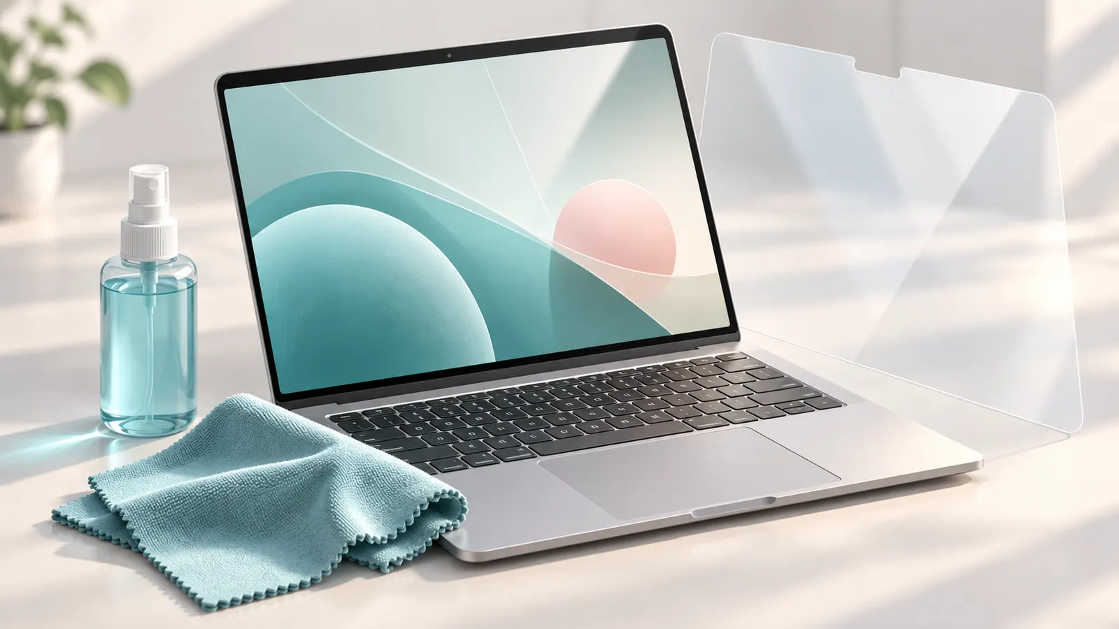 Concept illustration of a laptop with a microfiber cloth, screen cleaning bottle and protector sheet.