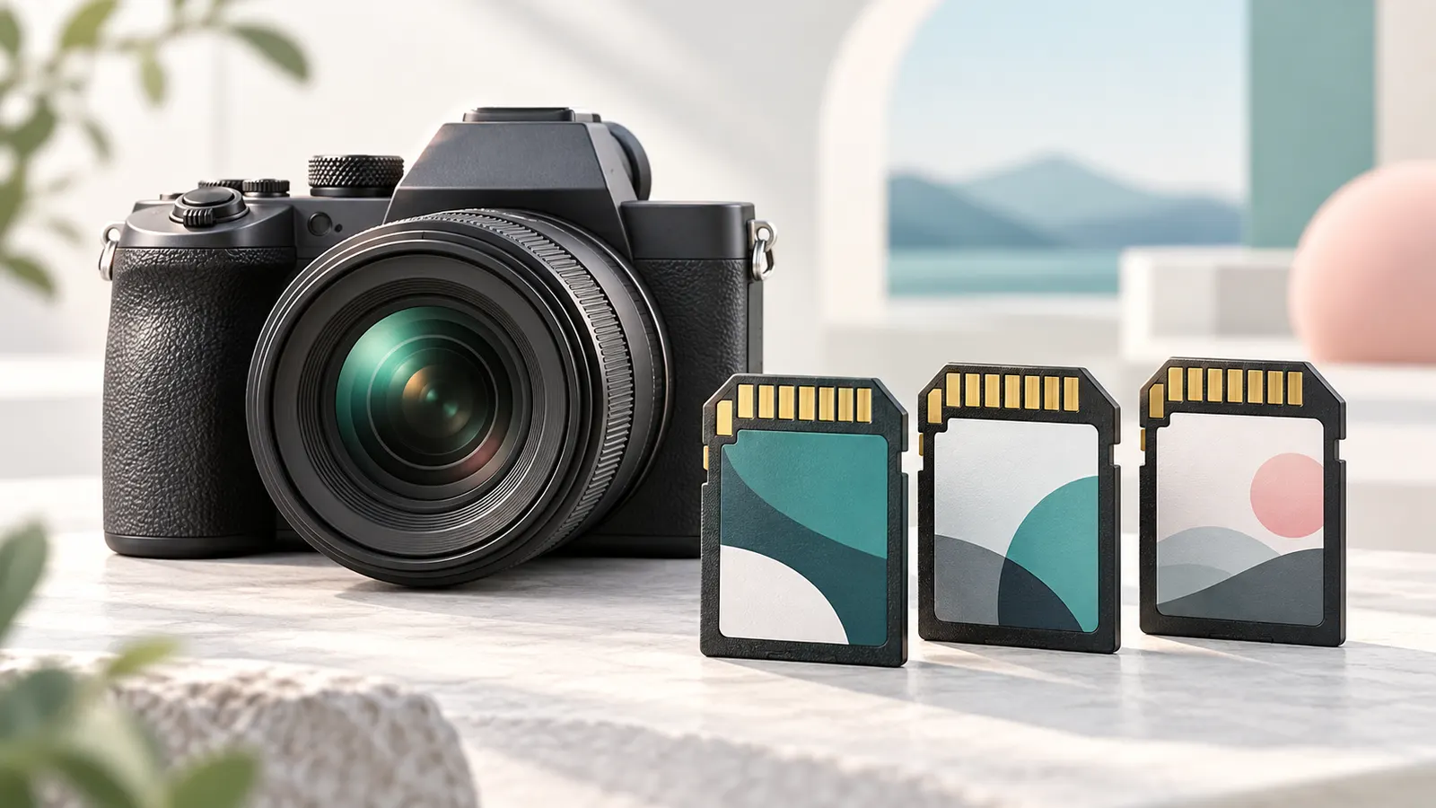 Concept illustration of three SD memory cards beside a mirrorless camera.