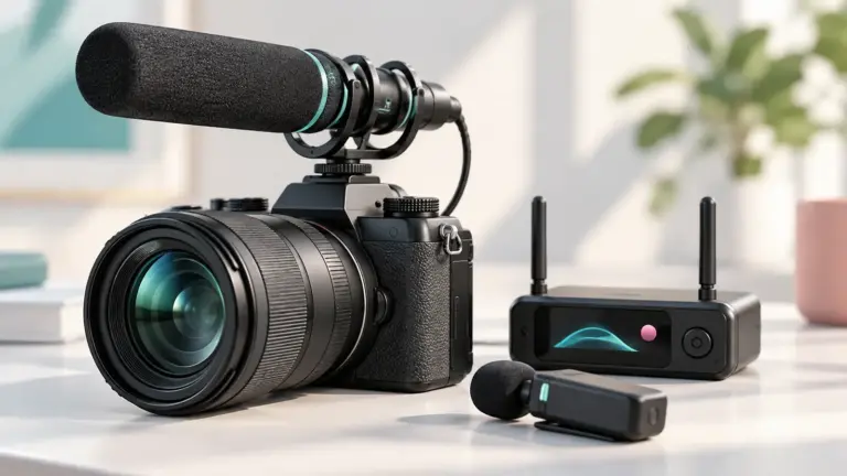 Concept illustration of a camera-mounted shotgun microphone with wireless audio accessories.