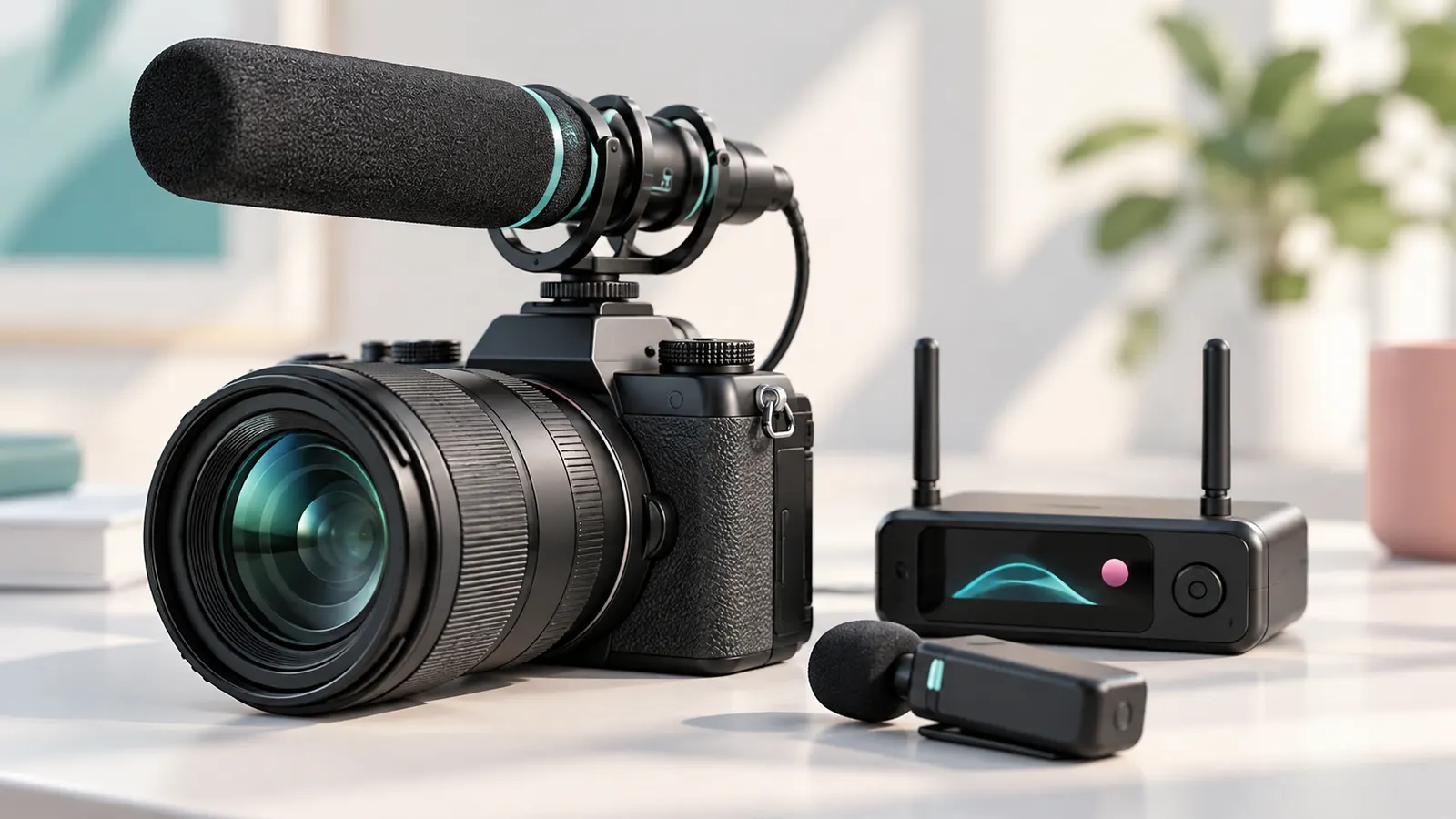 Concept illustration of a camera-mounted shotgun microphone with wireless audio accessories.